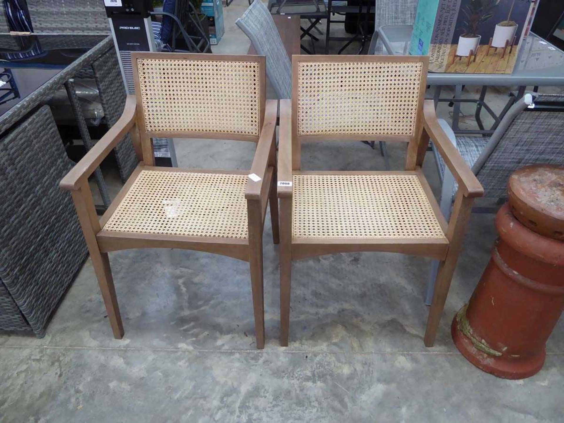 Pair of wooden garden armchairs with bamboo inserts