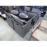 Grey rattan 5 piece garden dining set comprising square glass top table and 4 armchairs with beige