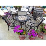 Wrought iron outdoor 3 piece bistro set comprising 2 armchairs and decorative circular top table