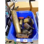 Crate of vintage paraffin flame guns, 2 vintage single barrel foot pumps and vintage hand pump