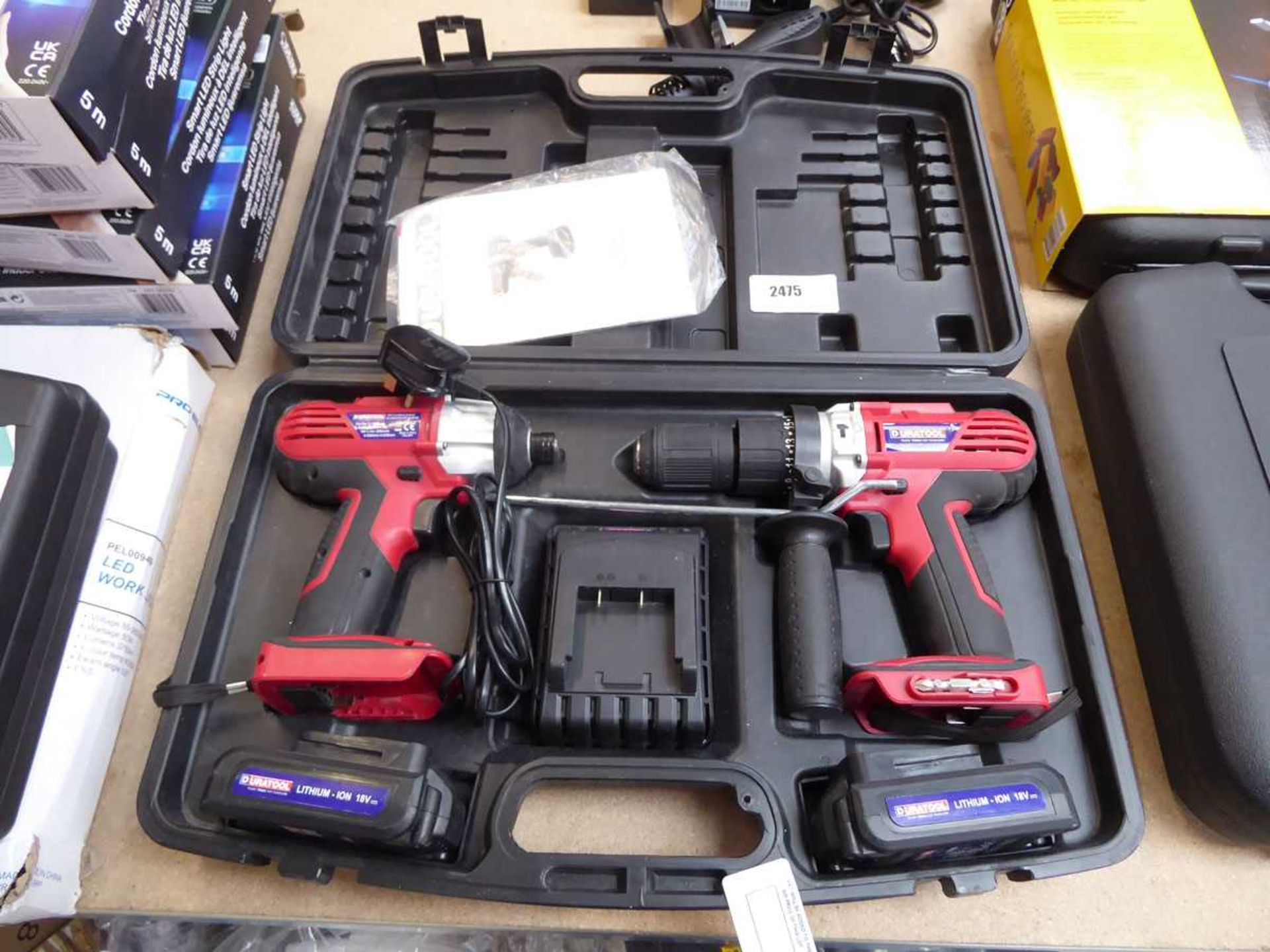 +VAT Cased Duratool 2 piece cordless drill set (1 impact driver, 1 screwdriver with 2 batteries