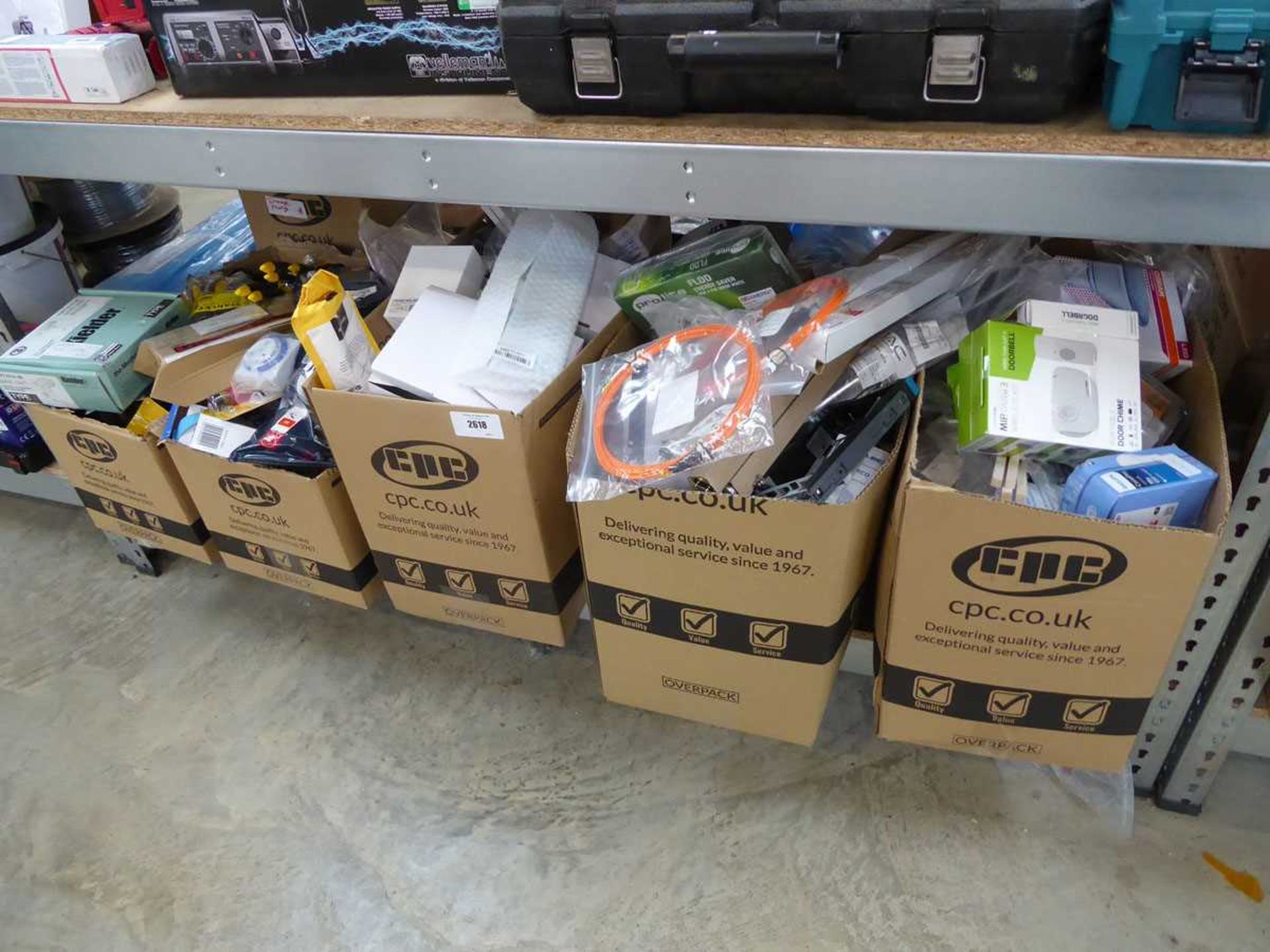 +VAT 5 boxes of mixed items incl. Stanley paintbrushes, timers, security lights, electrical