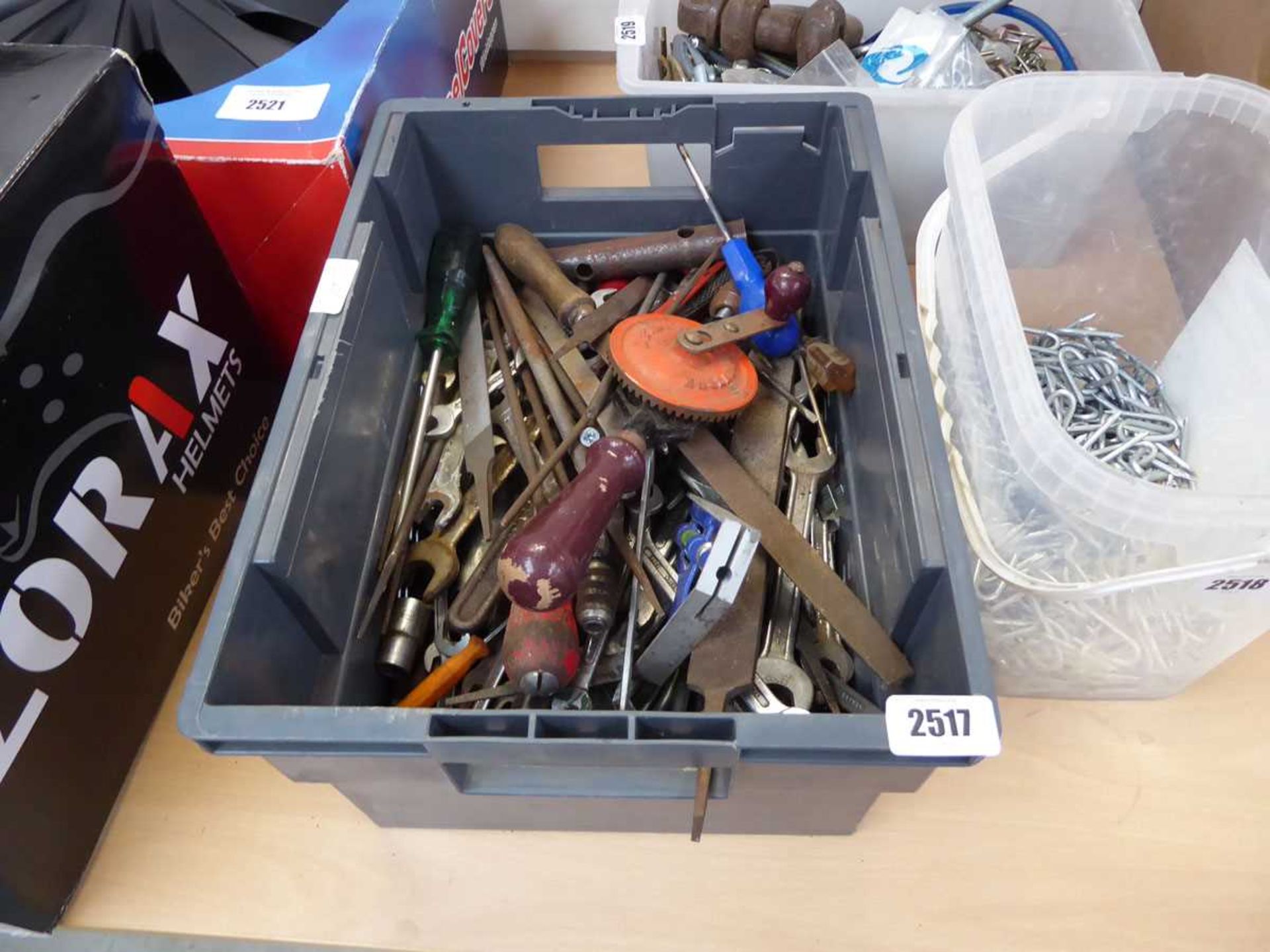 Crate containing mixed tooling incl. files, mixed size spanners, screwdrivers, etc.