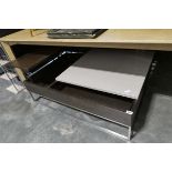 Hardwood finish storage coffee table on square chrome frame