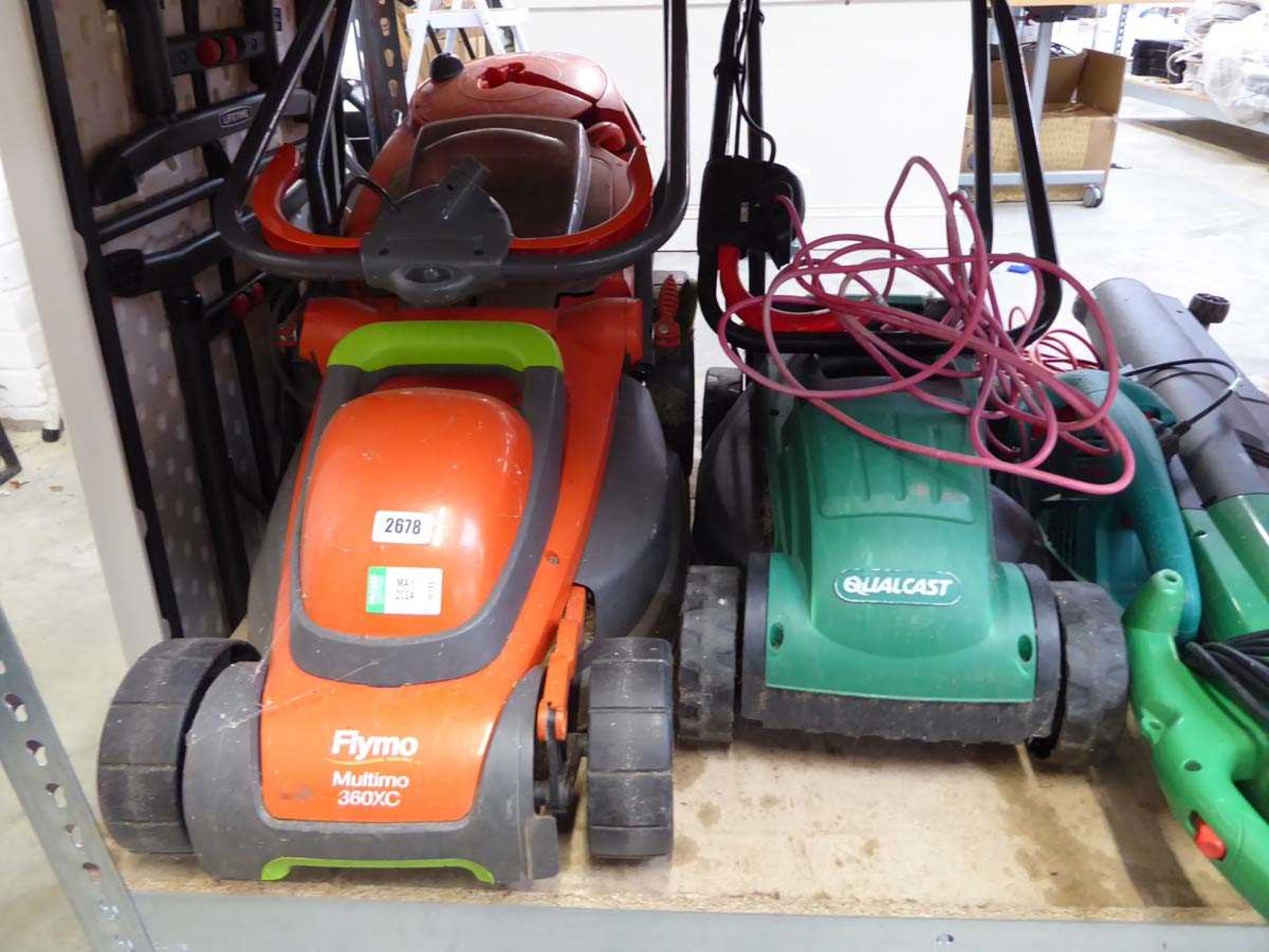 Quantity of outdoor electrical maintenance tools to include Flymo lawnmower, Qualcast lawnmower,