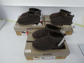 3 boxed pairs of kids kirkland shearling ankle boots in brown (2 size UK 11, 1 size UK 1)