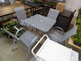 Grey aluminium 5 piece garden dining set comprising square glass top table, with 4 matching grey