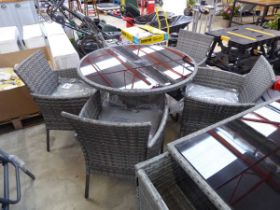 Grey rattan 5 piece outdoor seating set comprising circular glass top table with 4 grey rattan