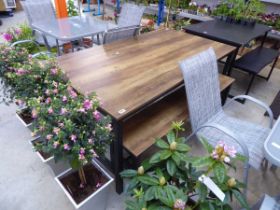 Wooden rectangular shaped garden table with 1 matching side bench in rustic oak finish