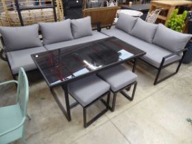 Outdoor 4 piece seating set comprising L-shaped sofa (with matching light grey cushions),
