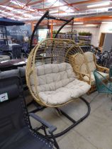 2 seater garden hanging egg chair with beige cushions