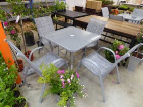 Grey aluminium 5 piece garden dining set comprising square glass top table, with 4 matching grey