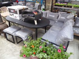 Black aluminium outdoor garden seating set comprising L-shaped garden sofa with grey cushions plus