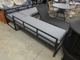Black aluminium L-shaped garden sofa with grey cushions