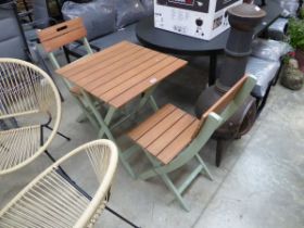 Wooden slatted 3 piece garden bistro set comprising square top table and 2 chairs