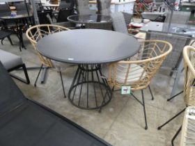 Grey aluminium circular garden table with 2 natural coloured rope effect garden armchairs