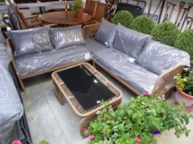 Brown rope effect L-shaped garden sofa with grey cushions plus matching coffee table