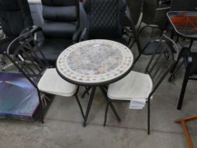 Black metal framed 3 piece garden bistro set comprising circular tile top table with 2 armchairs