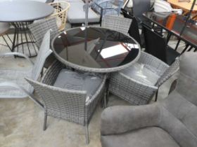 Grey rattan 5 piece garden dining set comprising glass top circular table plus 4 armchairs (each