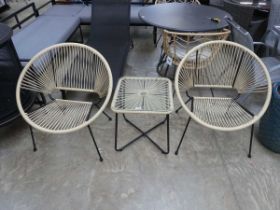 Natural coloured 3 piece rope effect bistro set comprising 2 chairs and glass top table