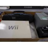Box containing various electronics including Nintendo Wii, Nintendo GameCube, Sony boombox, Nintendo
