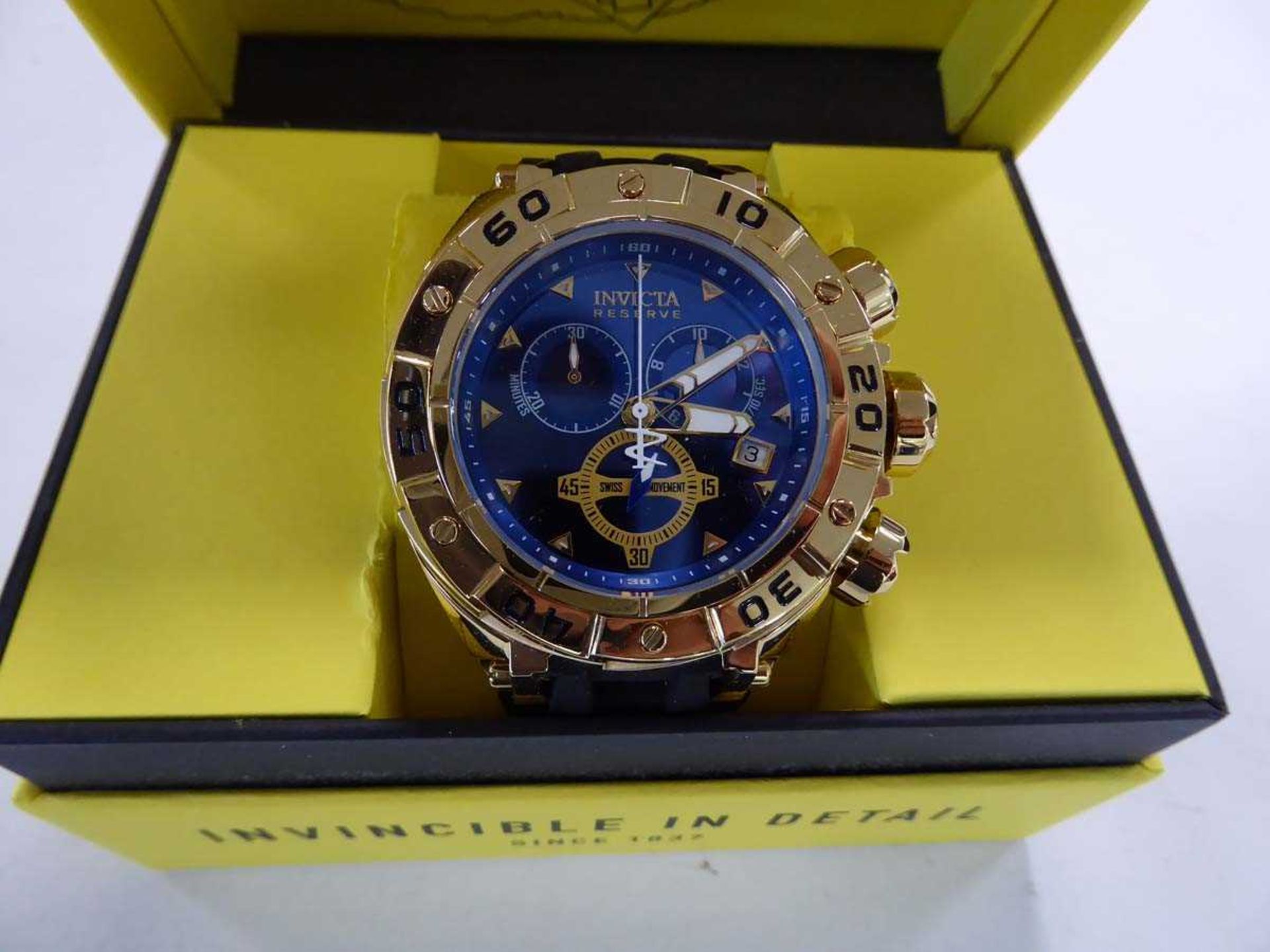 +VAT Invicta Reserve sub-dial Swiss movement watch with blue face and black strap, boxed - Image 2 of 2