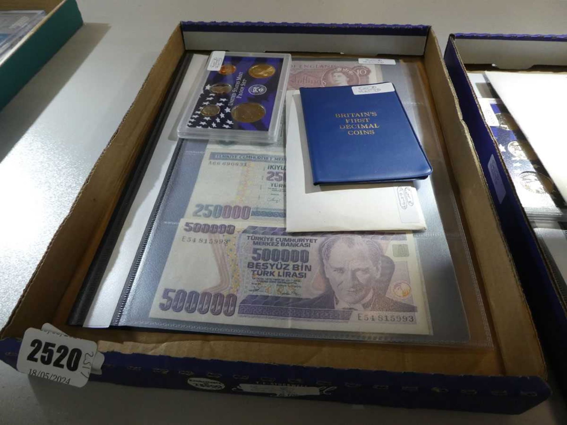(8) Folder of bank notes and various coins
