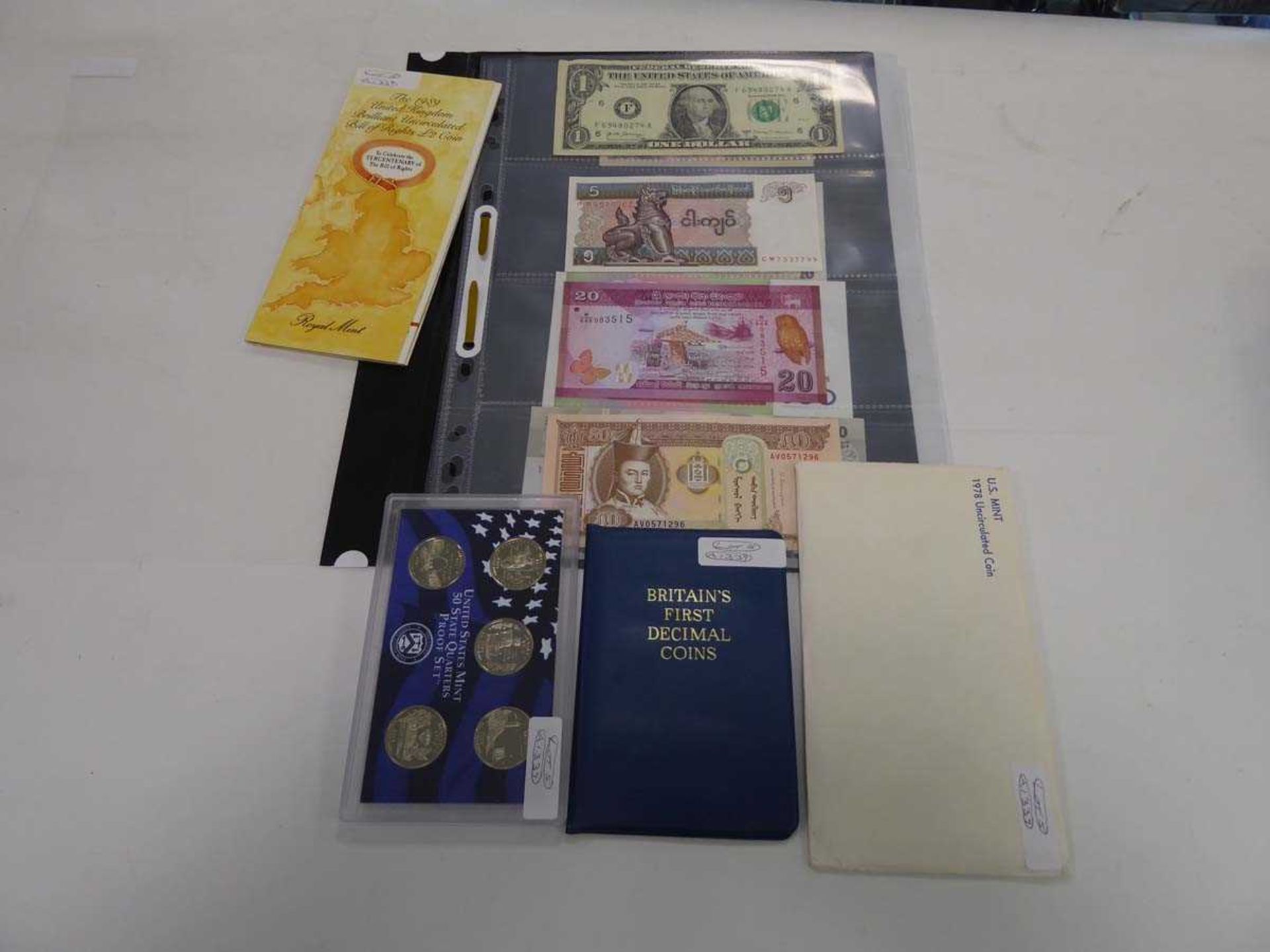 (5) Folder of bank notes and various coins