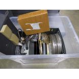 2 boxes containing vintage reel to reel player, film player and movie reels