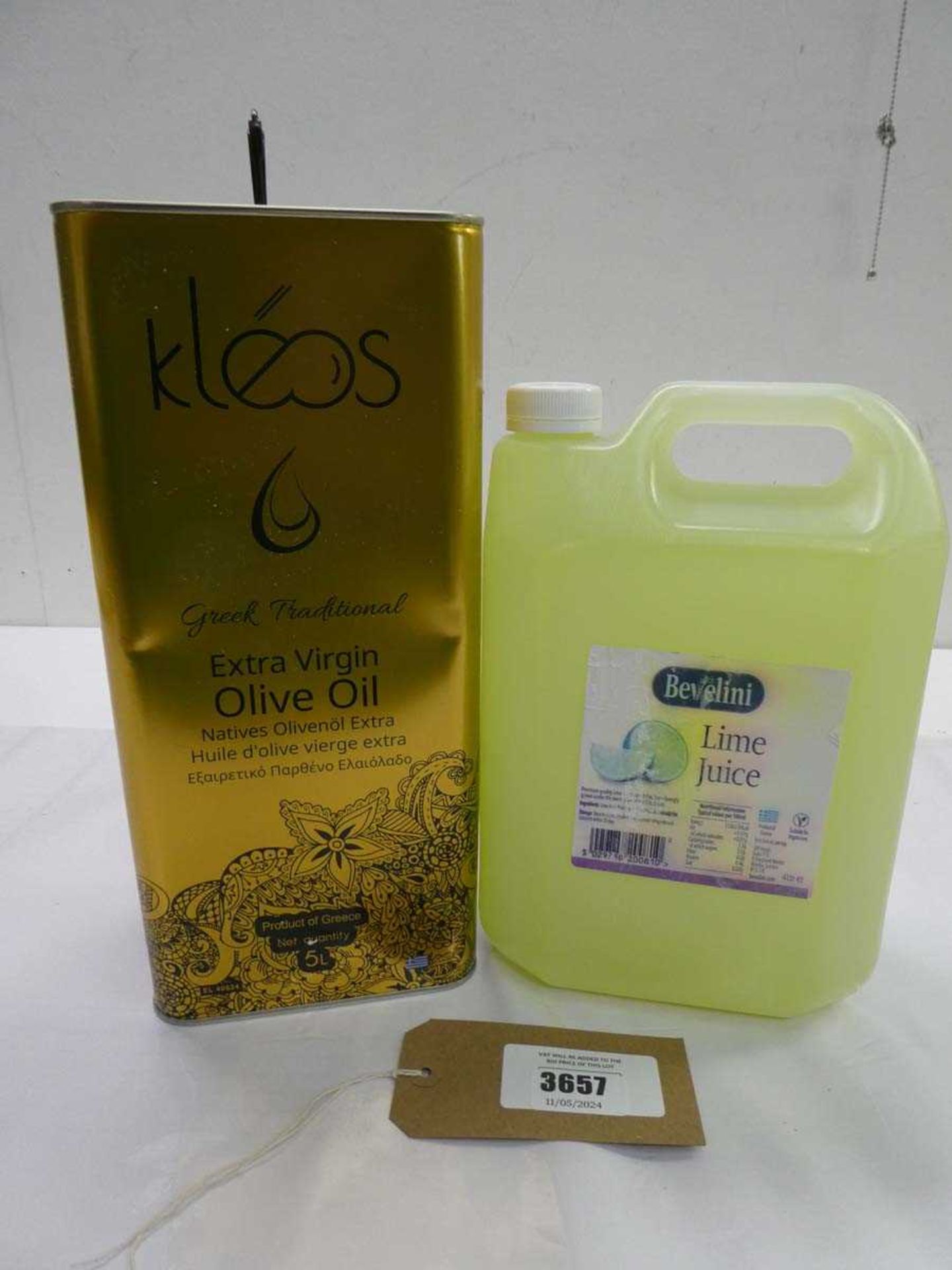 +VAT 5L can of Kleos Extra Virgin Olive oil and 4L Lime Juice