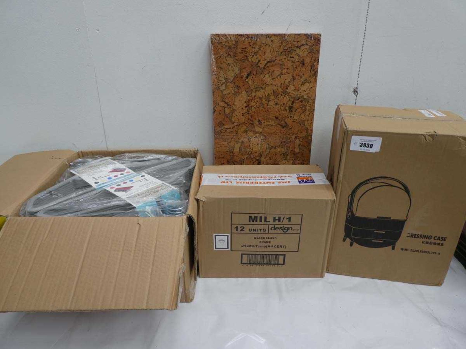 +VAT Box of approx 80 hangers, Box of 12 picture frames, Dressing case and pack of cork tiles