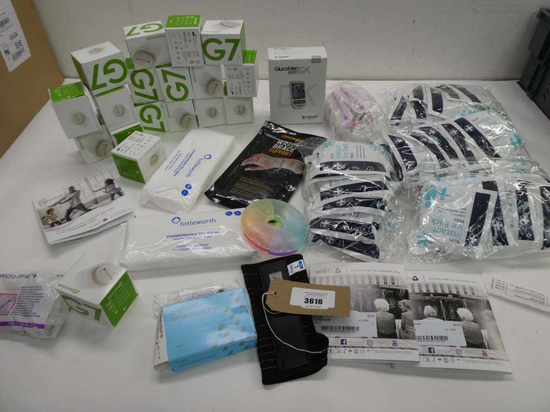 +VAT Dexcom G7adhesive patches, GlucoMen Areo GK blood glucose monitor, ice packs, dry wipes, injury