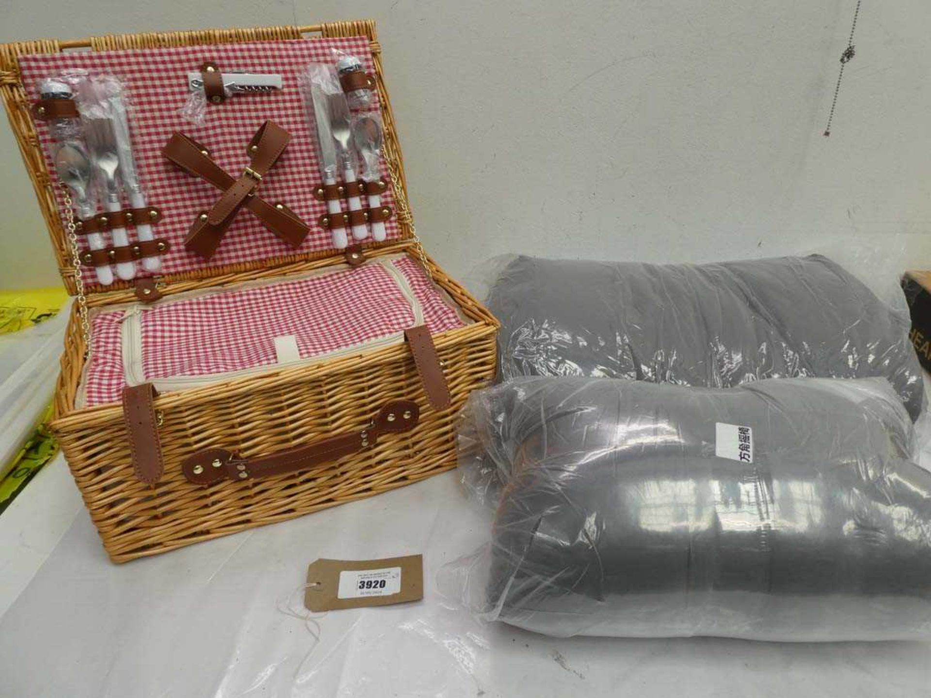 +VAT Picnic basket containing 4 setting picnic set and 2 sun lounger cushions