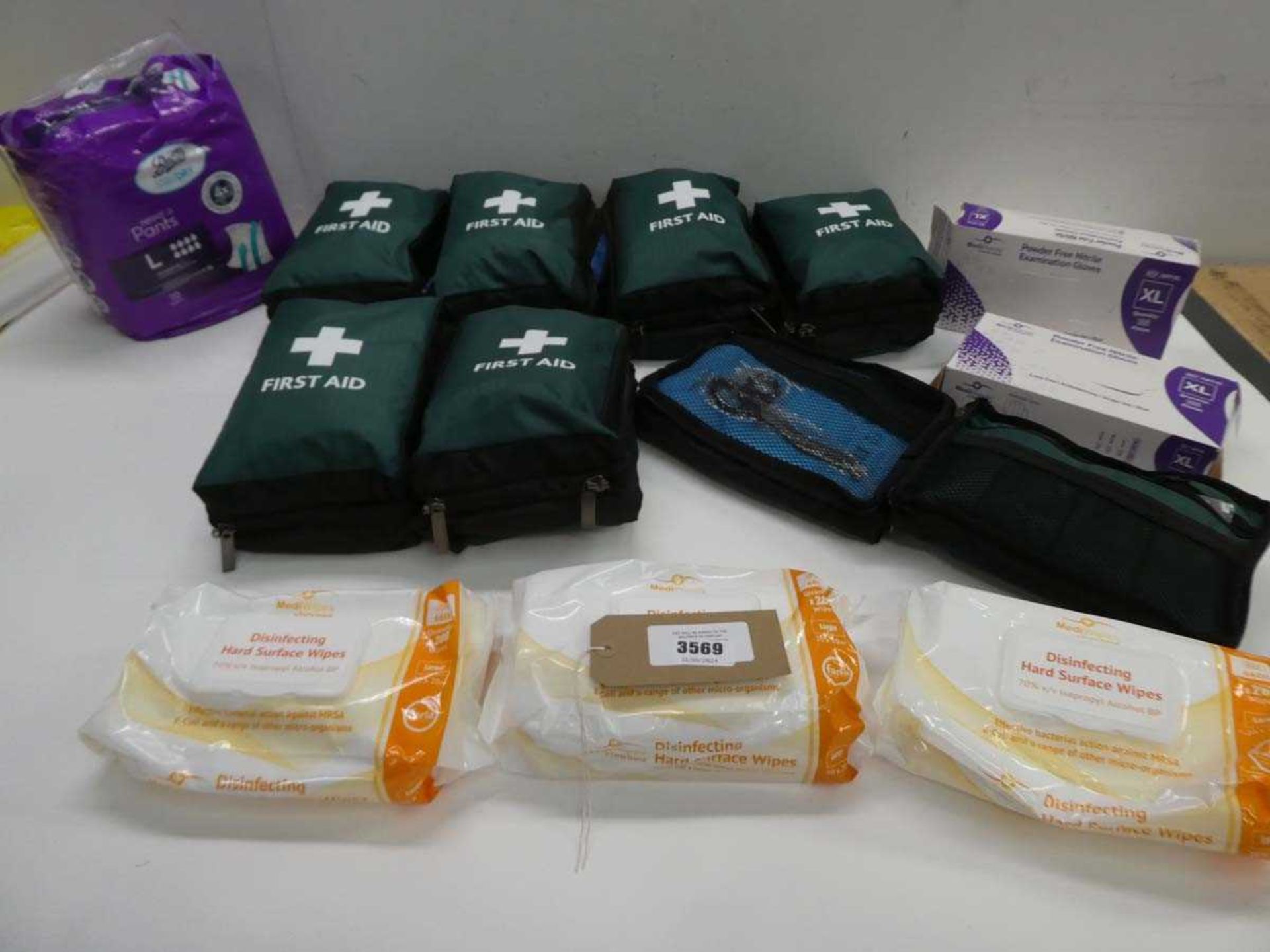 +VAT 7 x First Aid kits, Boots Stay Dry Night Pants Size L, Examination gloves and Disinfecting