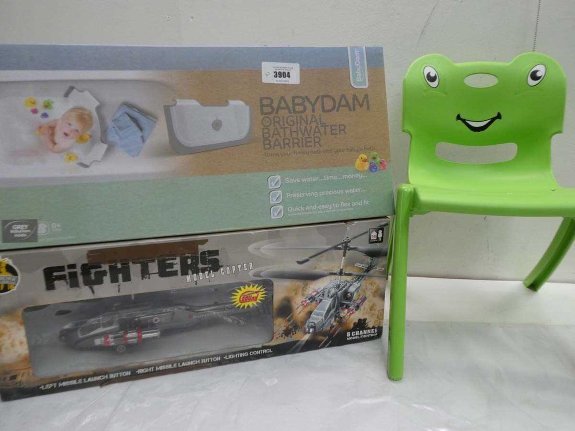 +VAT Fighter model copter, Babydam bathwater barrier and child's chair