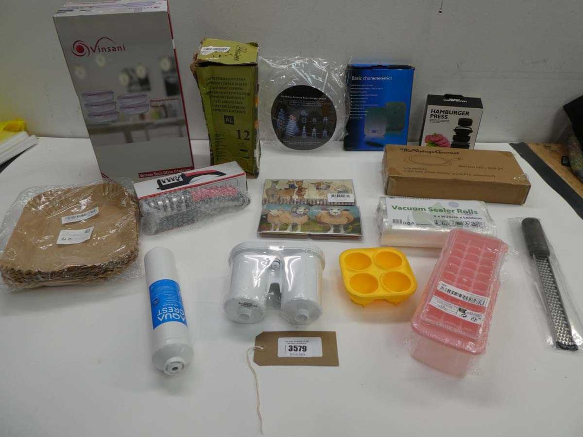 +VAT Vinsani 5 pce glass container set, Burger press, scales, Macaron display stand, Vacuum sealer