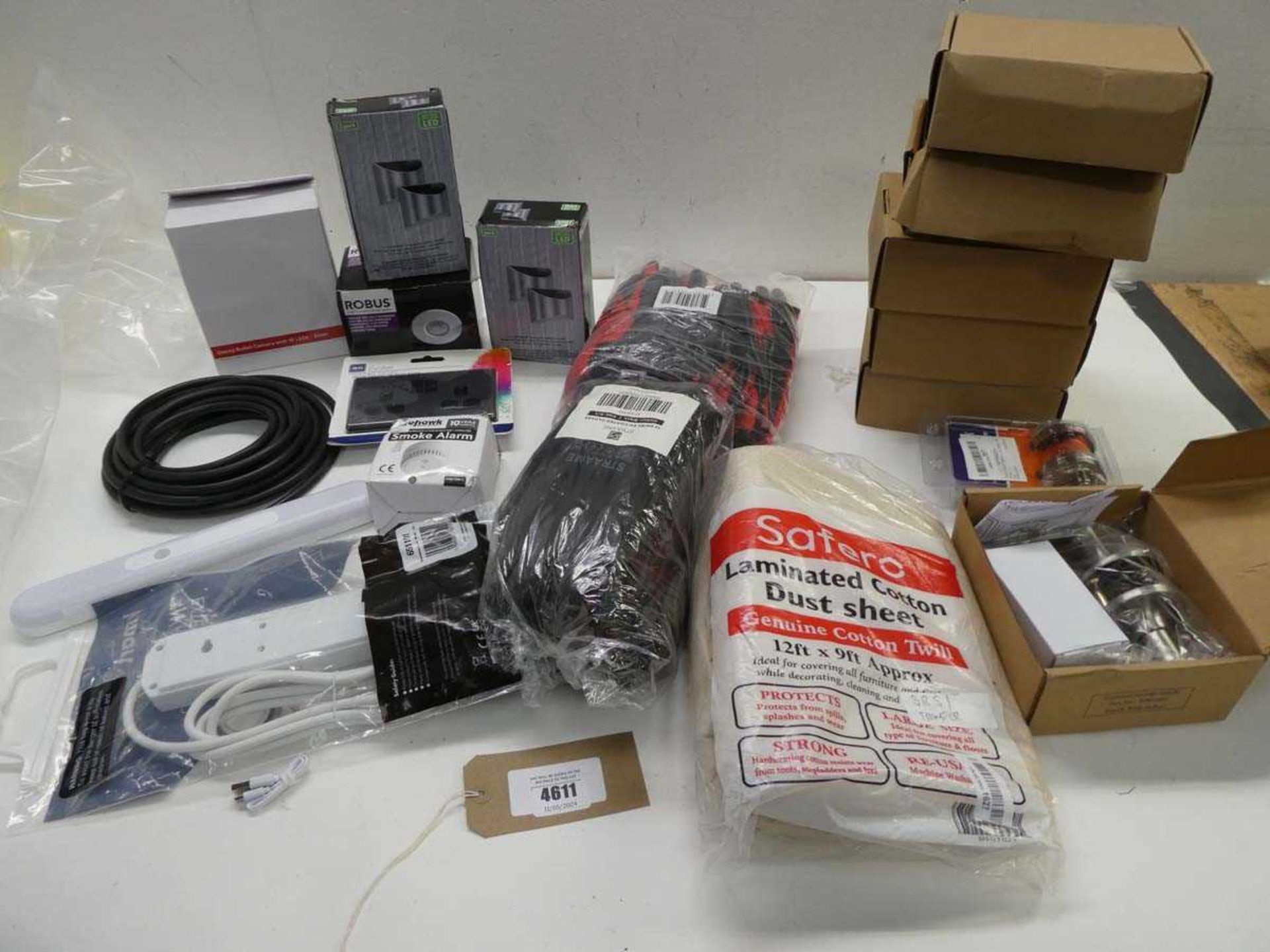 +VAT Work gloves, door handles, dust sheet, extension lead, Decoy camera, smoke alarm, electrical