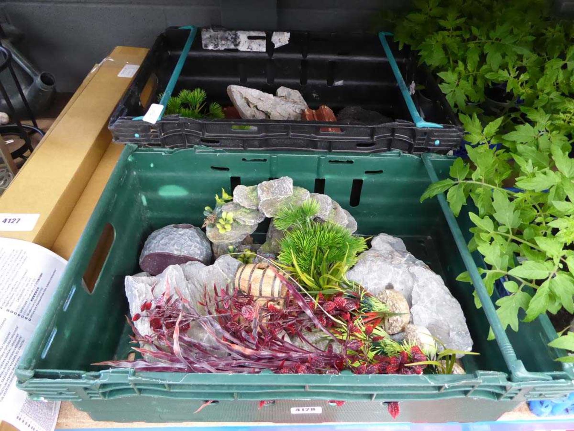 2 trays of aquarium rocks and plants