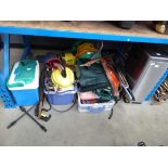 Underbay of assorted items inc. leaf blowers, Karcher pressure washers, coolboxes, tools, mesh etc.