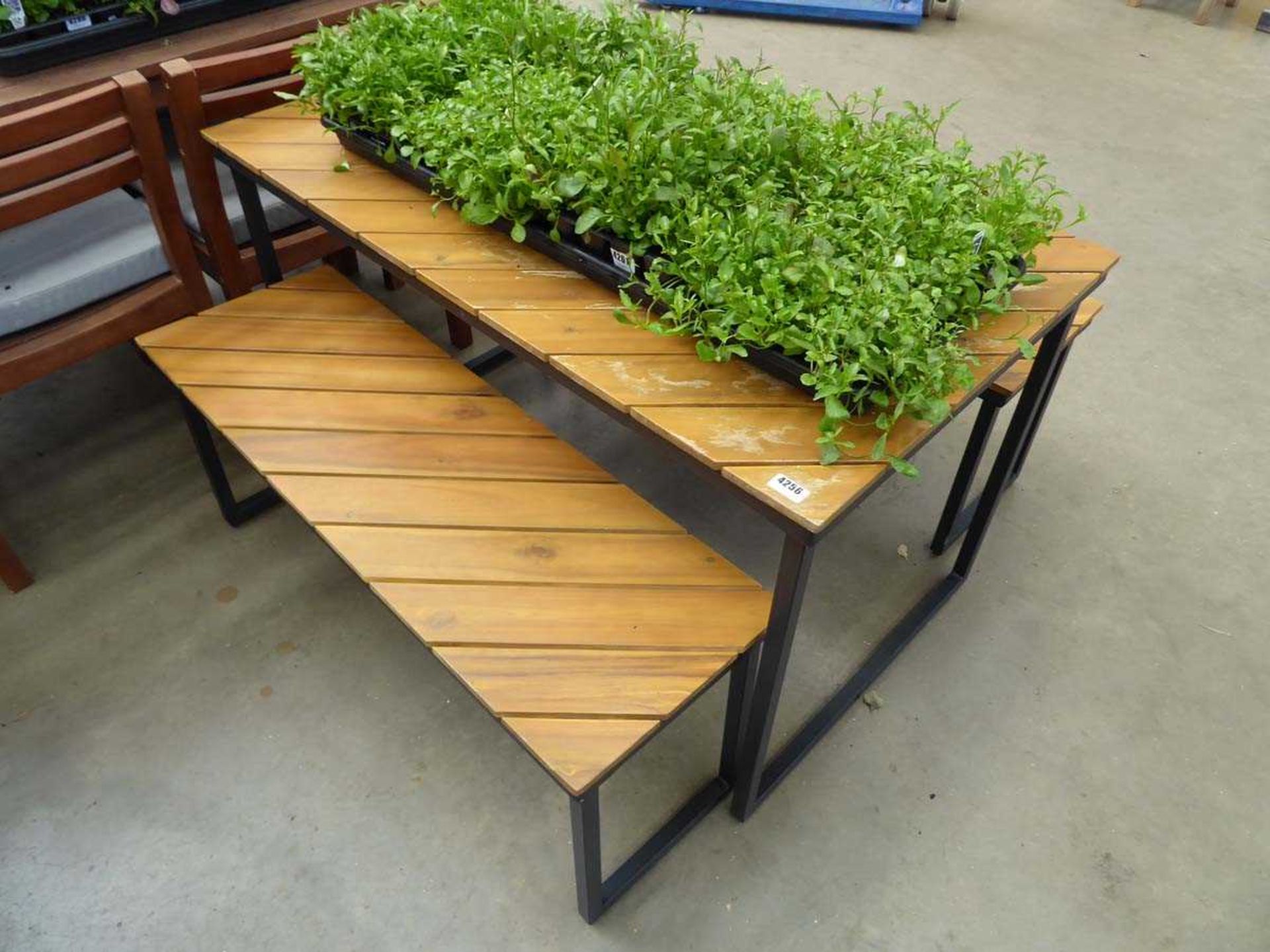 Wooden topped slatted garden table with 2 benches