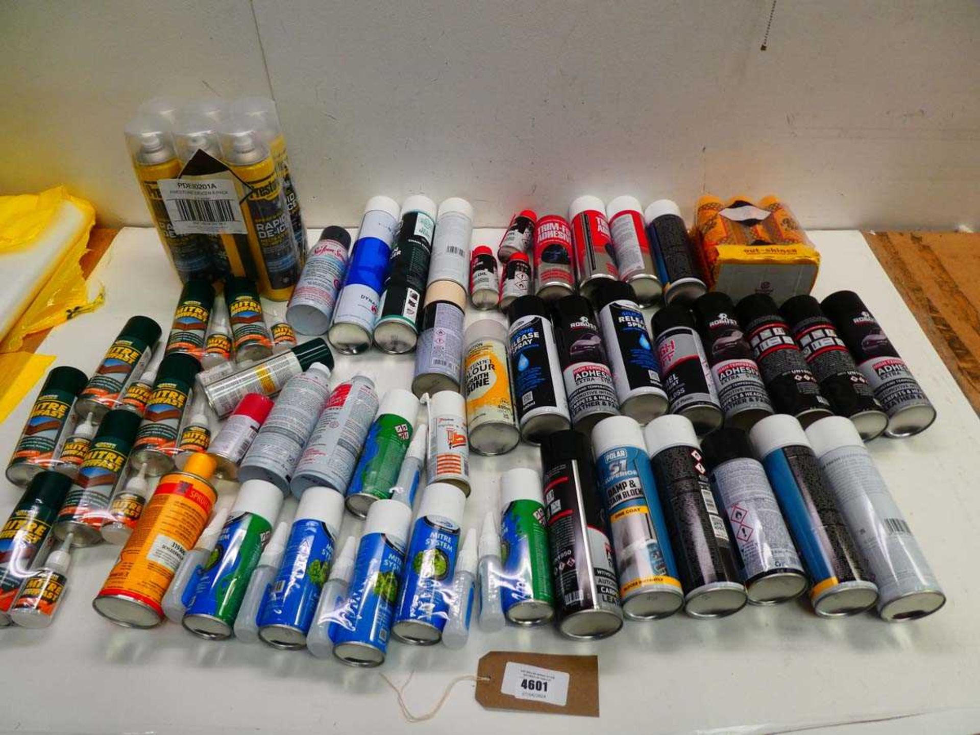 +VAT Large selection of aerosols to include de-icer, Trim Fix adhesive, damp & stain block, mitre