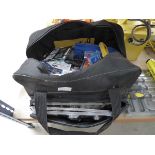 Tool bag containing multi tool, blades, drill bits, tapered reamers, saws, magnetic adjustable links