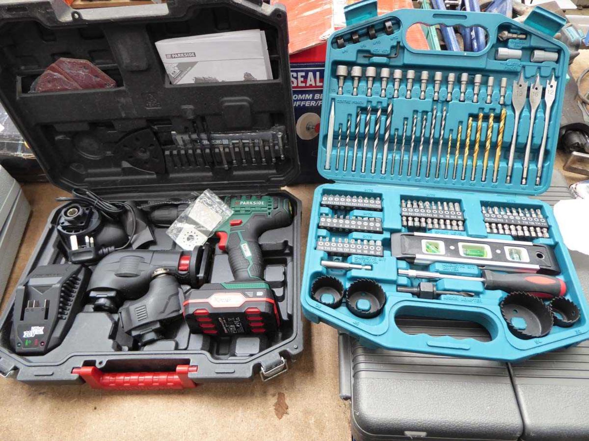 Parkside drill with multi tool attachments and a Makita bit set