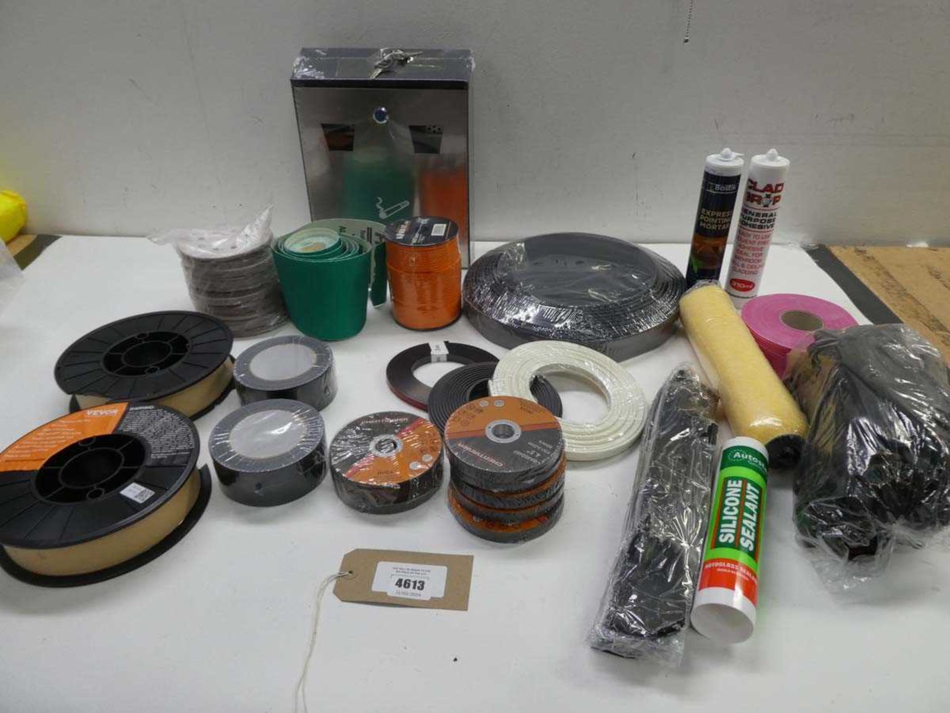 +VAT Sealant, Adhesive, cigarette bin, Flux core mig wire, sanding paper & discs, cutting discs,