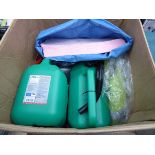 Box containing mop up pads, gloves, fuel cans, fluorescent trousers etc.