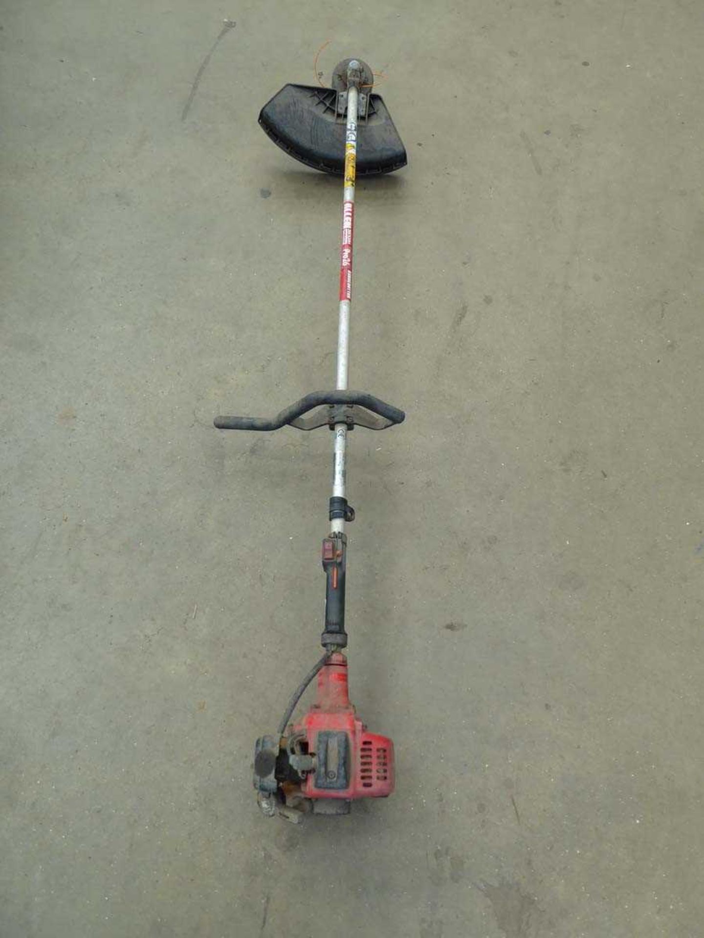 Red petrol powered strimmer