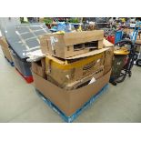 Pallet of assorted items inc. kitchen shelving parts, logs, electric fire, stands etc.