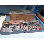 Vintage toolbox with assorted tools and 2 trays of assorted tools