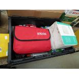 Box containing heater, bulbs, car cleaning kit, handles etc.