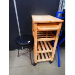 Hardwood kitchen island and vinyl upholstered stool (sold as a collectors item)